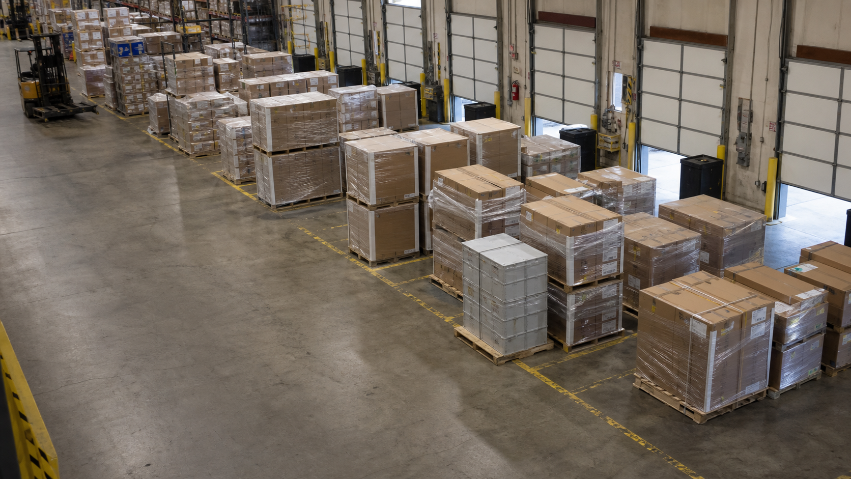 Organized pallets staged near warehouse dock doors