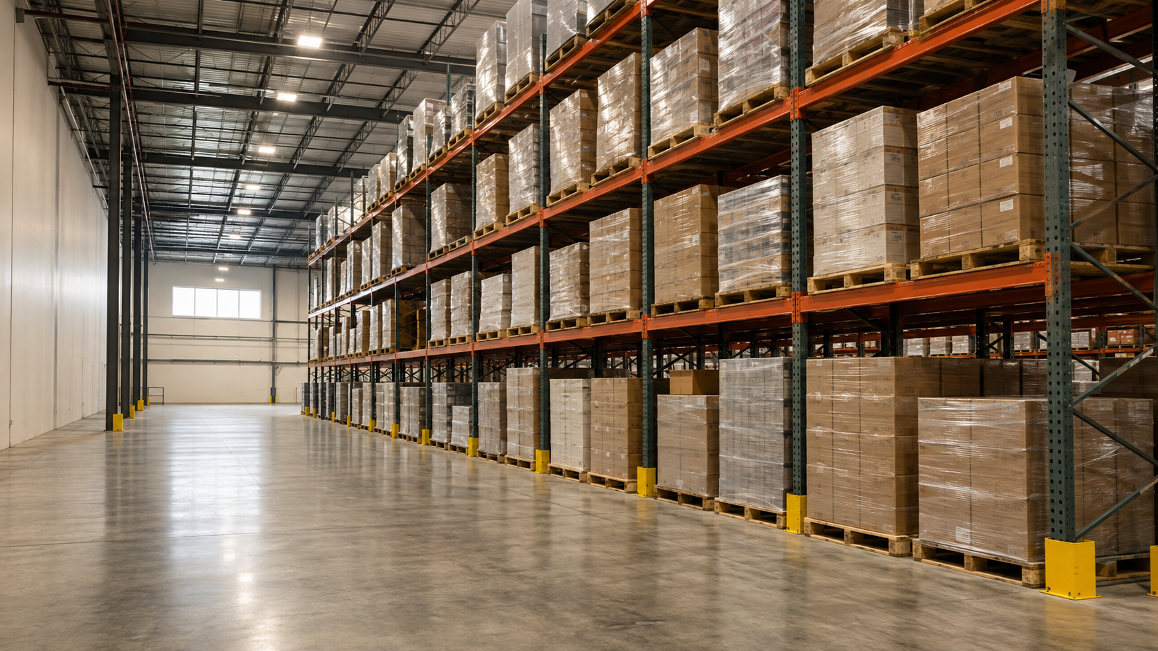 Clean warehouse aisle with pallet racks and wrapped goods