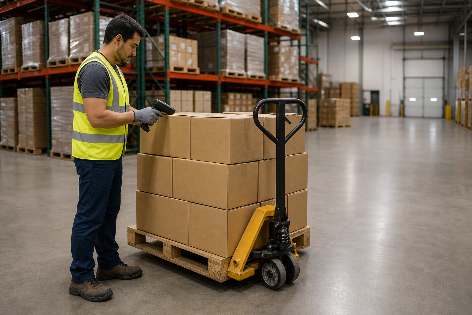 Warehouse associate scanning cartons beside a pallet jack